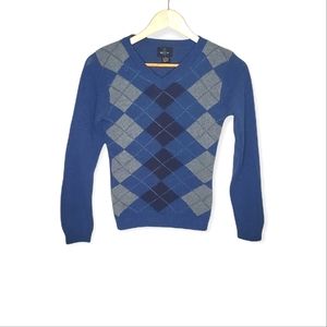 Classic Blue and Navy Tomboy Argyle V-Neck Long Sleeve Sweater